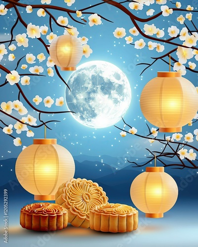 A serene mid autumn festival lantern mooncake scene beneath the full moon, celebrating tradition with glowing lights and mid autumn festival lantern mooncake offerings