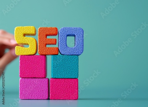 Colorful blocks spelling SEO on a teal background. photo