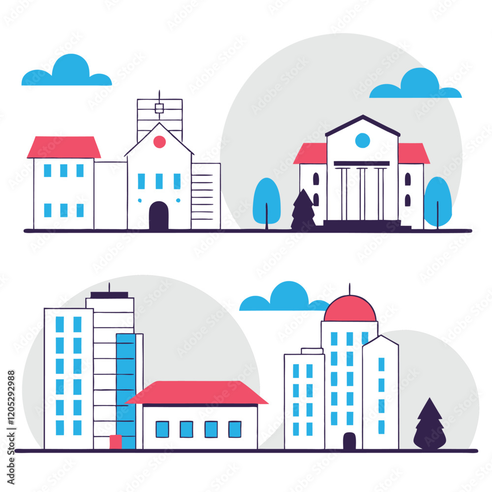 Fototapeta premium Urban Skyline Silhouettes: Black & White City Icons Set 2 town vector design modern simple symbol