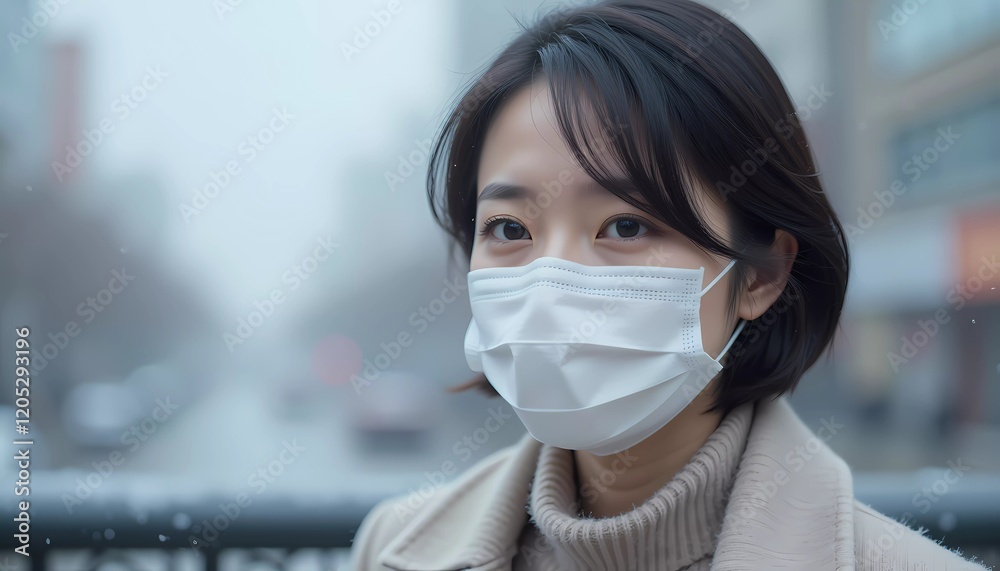 Portrait of a Young Asian Woman Wearing a Mask in a Winter Urban Scene Portrait of a Young Asian Woman Wearing a Mask in a Winter Urban Scene