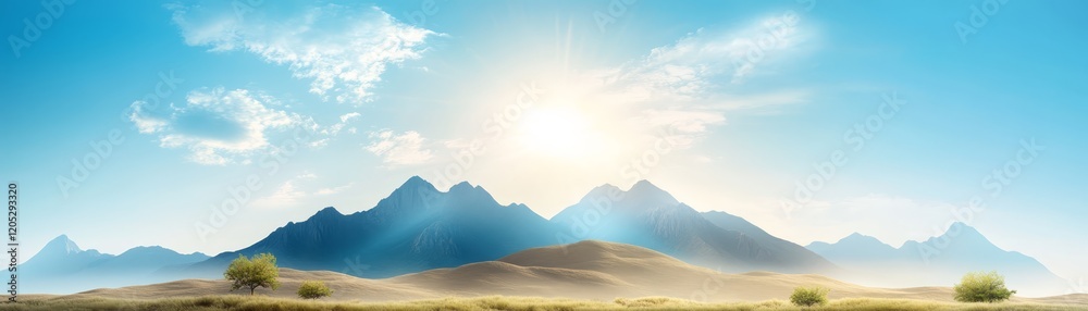 Breathtaking vista of sunkissed mountain range under radiant sky sunlit