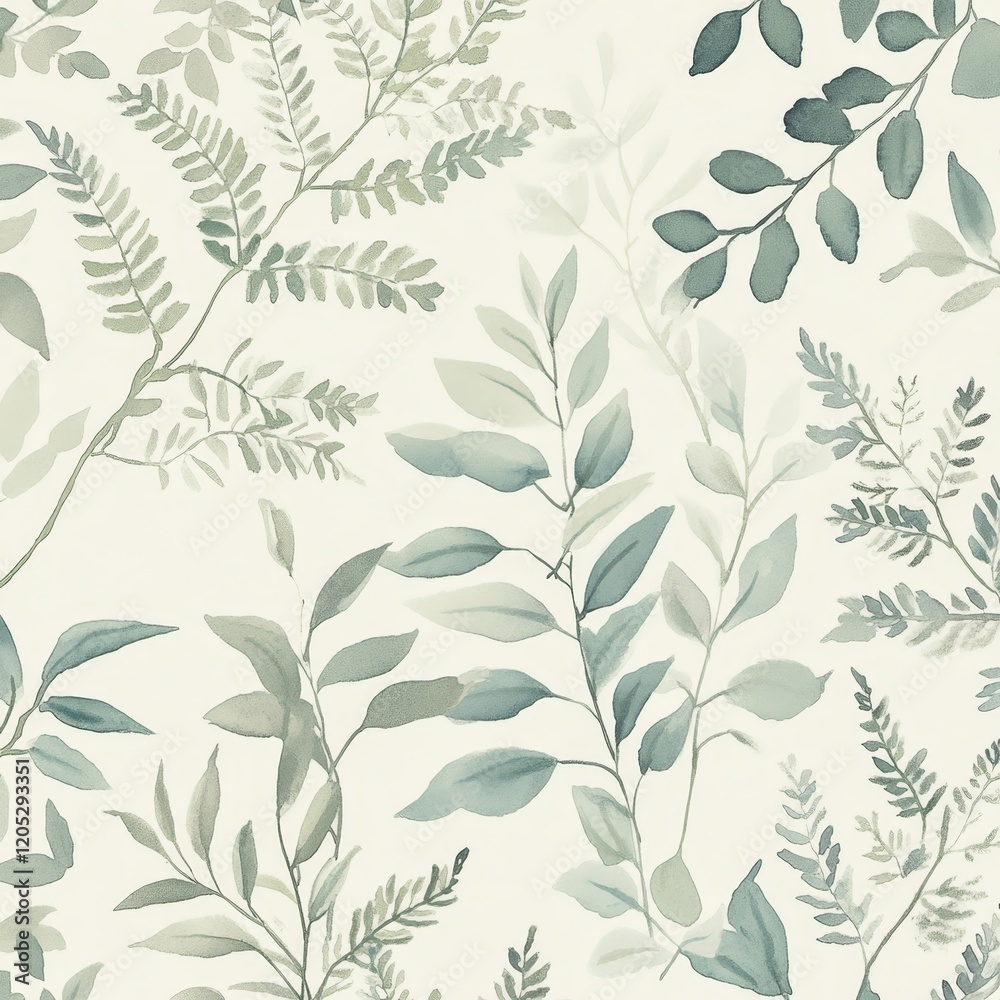 Elegant watercolor botanical pattern featuring eucalyptus and fern leaves in soft green blue hues Elegant watercolor botanical pattern featuring eucalyptus and fern leaves in soft green blue hues