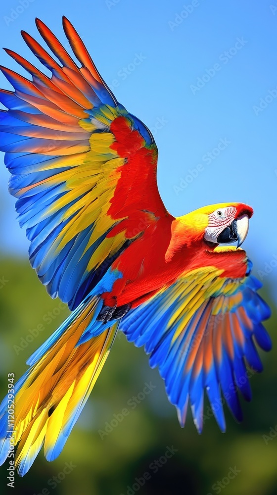 Fototapeta premium A vibrant parrot in mid-flight, showcasing its colorful feathers against a clear sky.