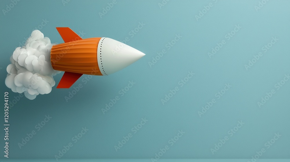 A stylized rocket launching with smoke, symbolizing innovation and exploration.