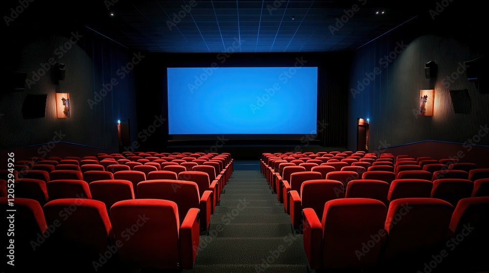 Fototapeta premium People in the cinema auditorium with Cinema blank wide screen and red chairs in the cinema hall,People silhouettes watching movie performance,empty white screen,space for text,copy space.