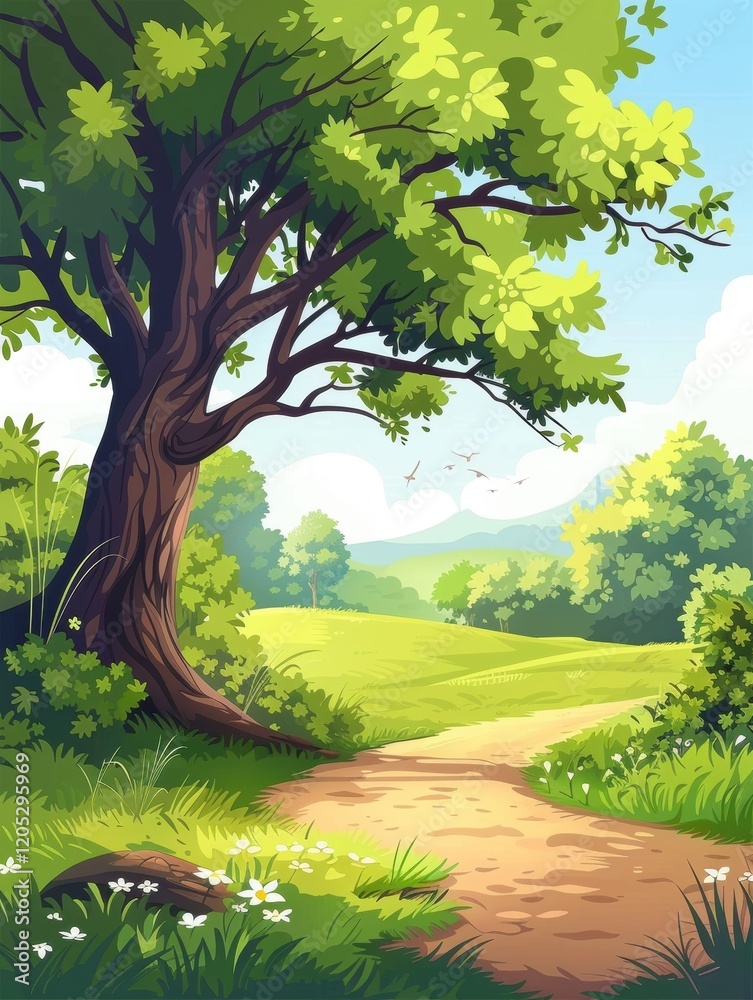 Naklejka premium Tree is in the foreground of a lush green field