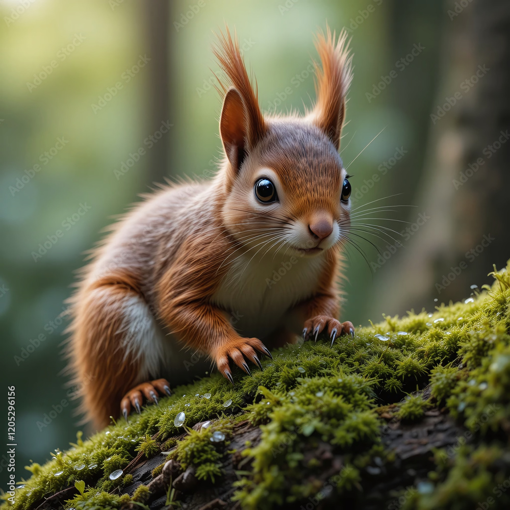 An ultra-realistic close-up of a squirrel perched on a moss-covered tree trunk in a serene forest setting AI Generative