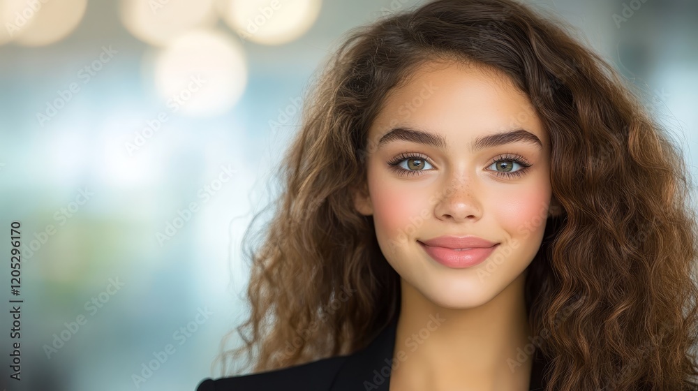 Stylish woman with flowing brown hair and black jacket fashion portrait Stylish woman with flowing brown hair and black jacket fashion portrait