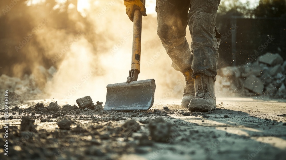 A construction worker using a jackhammer to break up concrete for road repair, Concrete breaking scene, Infrastructure maintenance style