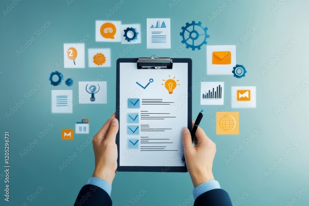 Hyper realistic business concept with clipboard, checklist, and symbolic icons on teal background. Hyper realistic business concept with clipboard, checklist, and symbolic icons on teal background.
