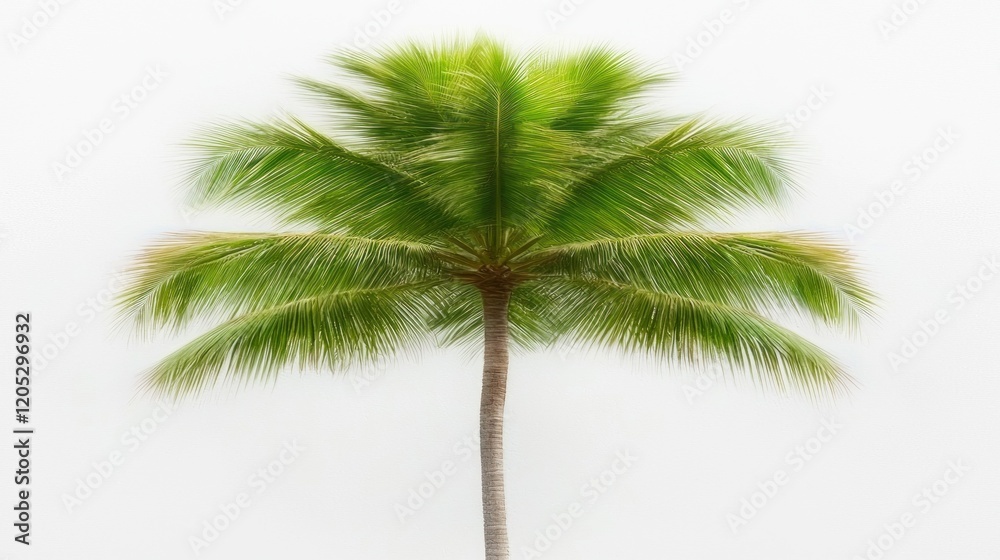 Fototapeta premium A vibrant palm tree with lush green fronds against a soft, blurred background.