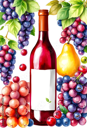 Vibrant still life illustration featuring a bottle of wine surrounded by grapes and pears photo