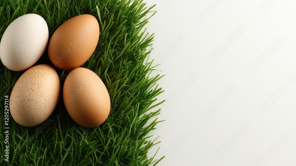 Colorful Easter eggs arranged on artificial grass against a bright white background Colorful Easter eggs arranged on artificial grass against a bright white background