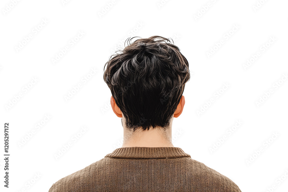 Fototapeta premium A man with stylish hair, viewed from behind, wearing a brown sweater. The image captures a sense of contemplation and introspection in a modern setting.,Isolated on transparent background