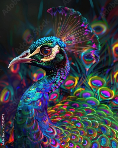 Vibrant Neon Peacocks with Glowing Feathers in a Fantasy Setting photo