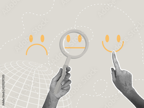 Trend halftone collage. Feedback concept, customer feedback, customer reviews, customer evaluation, rating concept. Hand picks face with smile showing customer satisfaction and high rating.