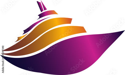 Sleek cruise ship vector logo in vibrant orange, purple, red hues, symbolizing travel, luxury, adventure on open sea