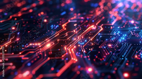 Computer chip with a red and blue background