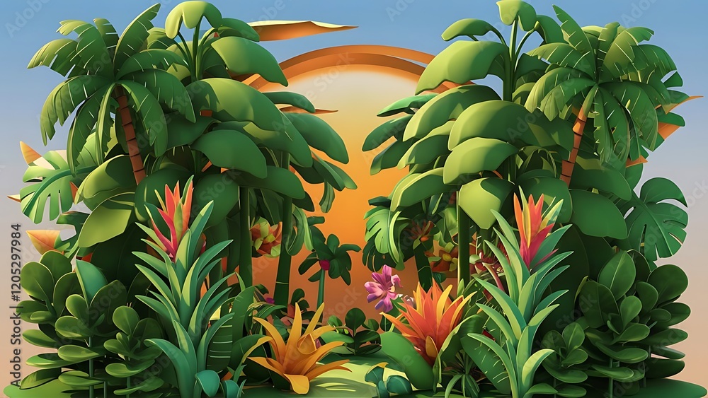 Fototapeta premium Tropical wallpaper, Tropic trees and leaves, wallpaper design for digital printing- 3d illustration