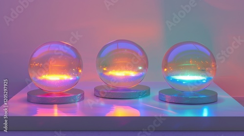 Abstract Floating Glass Spheres with Vibrant Neon Highlights photo