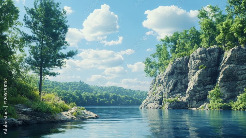 Serene riverside landscape with reflective water, lush pines, and rocky cliffs under a bright sky Serene riverside landscape with reflective water, lush pines, and rocky cliffs under a bright sky