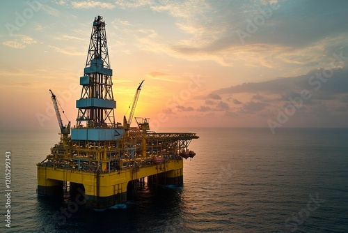 Majestic oil rig silhouetted against a stunning sunset over the ocean's horizon photo