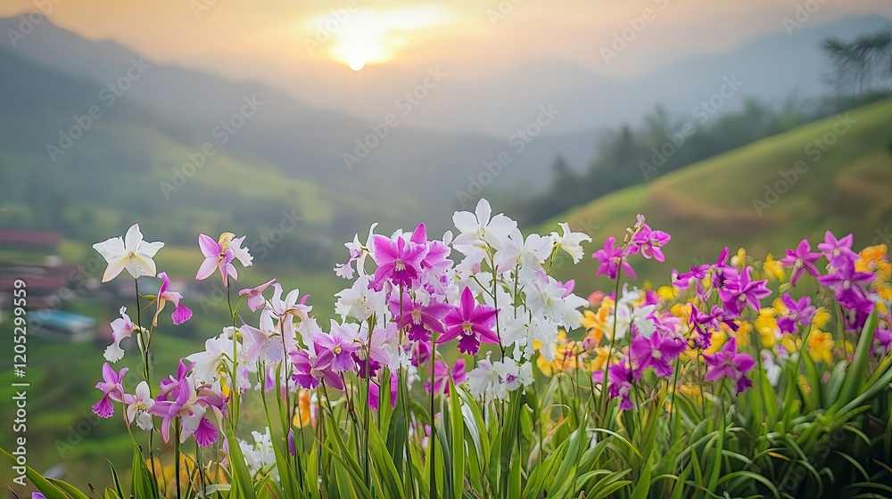 Obraz premium Exotic wild orchids in various colors thriving in their natural habitat deep in Thailand's countryside.