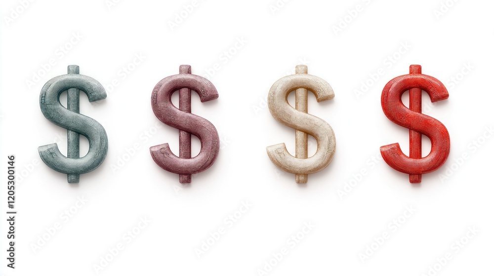 Four dollar signs in different colors, representing currency and finance. Four dollar signs in different colors, representing currency and finance.