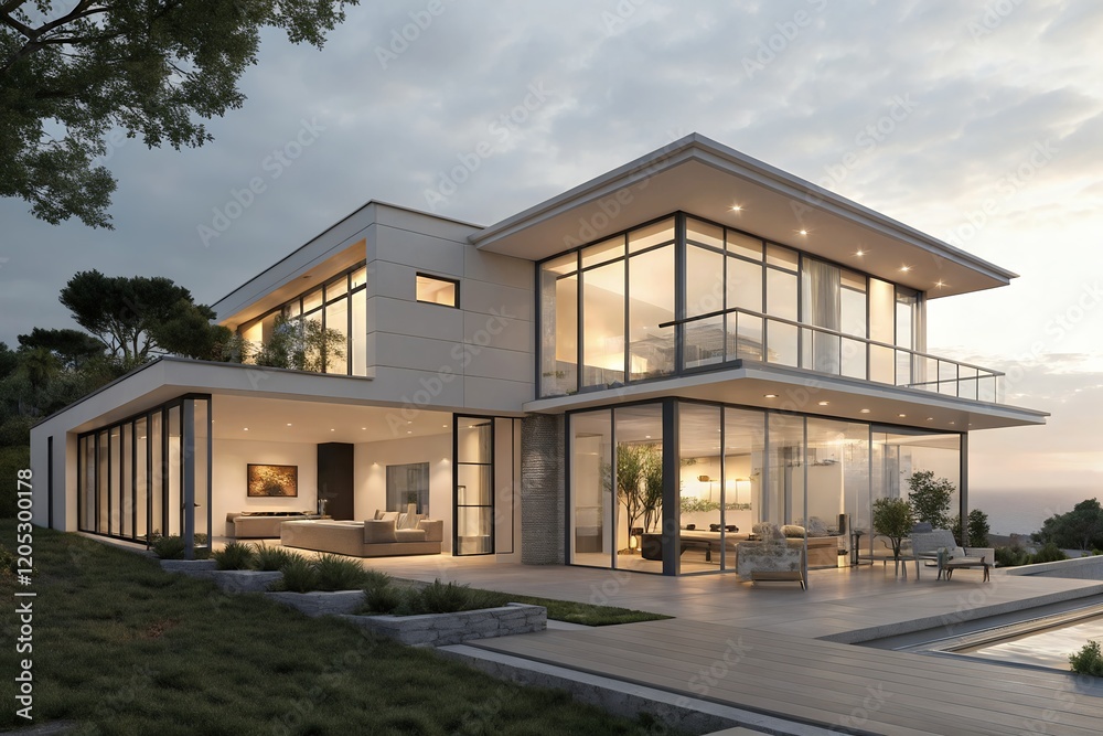 modern house in the morning Modern Luxury, Modern Minimalist Family Villa, 3d rendering of modern house With Swimming Pool And Garden modern house in the morning Modern Luxury, Modern Minimalist Family Villa, 3d rendering of modern house With Swimming Pool And Garden
