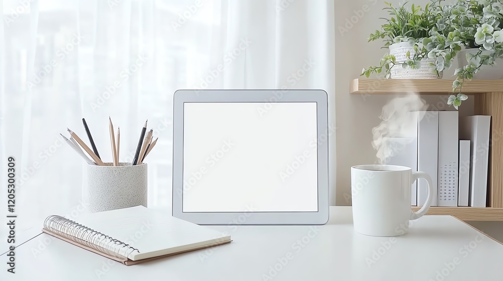 Fototapeta premium Cozy home workspace with tablet, notebook, steaming coffee cup, and books against white decor on a sunny day.