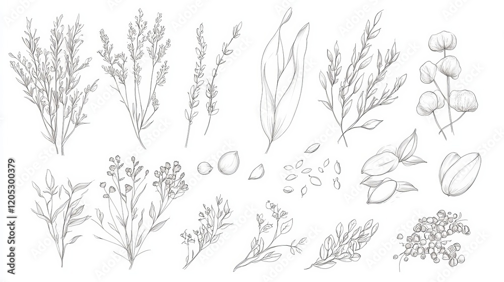 Fototapeta premium Botanical Bliss: Hand-Drawn Garden Seeds Collection on White Background
