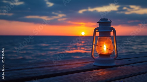 Sunset at sea with a lit lantern adding an air of mystique the unique perspective from the dock allows for a stunning backdrop of the ocean horizon and the warm glow of the setting sun