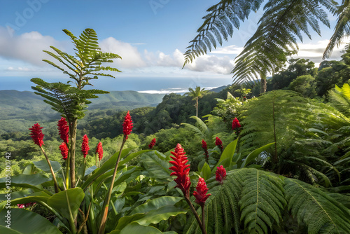 Vibrant tropical flowers and trees creating a colorful and lush landscape scene.