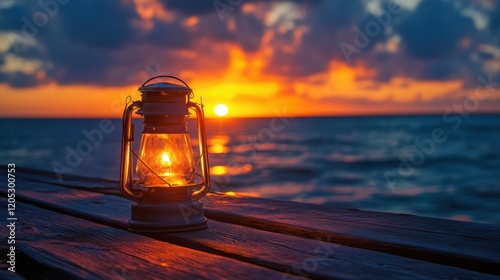 Sunset at sea with a lit lantern adding an air of mystique the unique perspective from the dock allows for a stunning backdrop of the ocean horizon and the warm glow of the setting sun