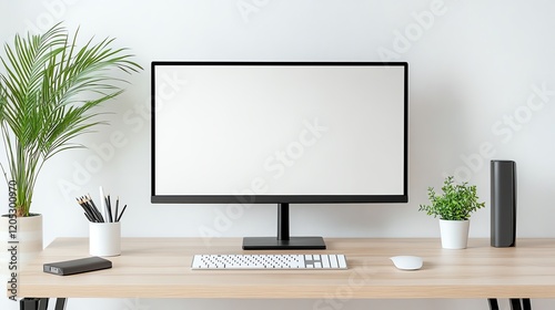 Minimalist workspace with a sleek monitor, keyboard, mouse, and plants on a wooden desk against a white wall.