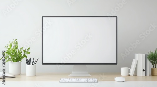 Minimalist home office workspace with modern computer monitor, plants, and stationery on a wooden desk against a white wall.