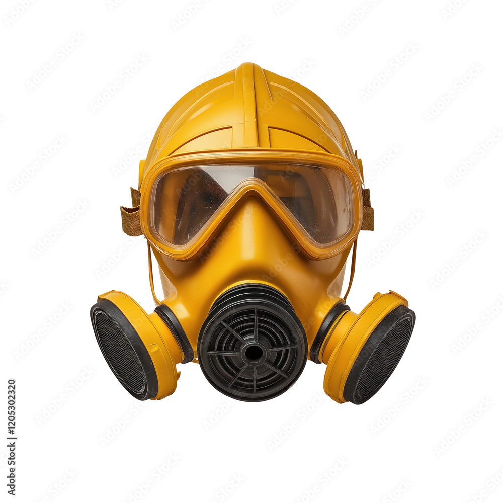 Close-up of a protective yellow gas mask transparent background isolated png Close-up of a protective yellow gas mask transparent background isolated png