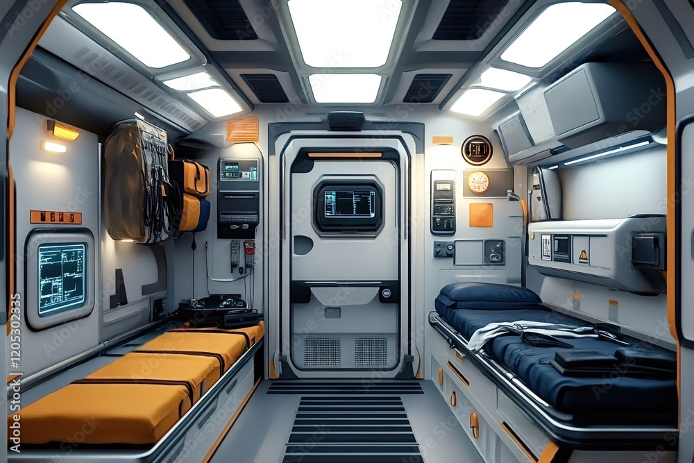 Futuristic medical bay interior on a spaceship or space station, showing two empty beds, medical equipment, and a closed door, suggesting advanced healthcare in space Futuristic medical bay interior on a spaceship or space station, showing two empty beds, medical equipment, and a closed door, suggesting advanced healthcare in space