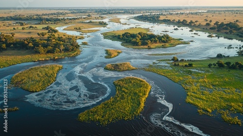 Aerial view of river rapids, floodplain, sunrise, Botswana