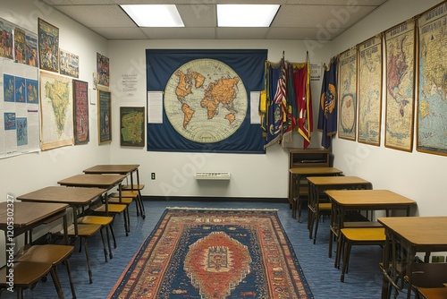 History Class   A well-decorated history classroom with maps, artifacts, and educational posters, creating an engaging learning environment. photo