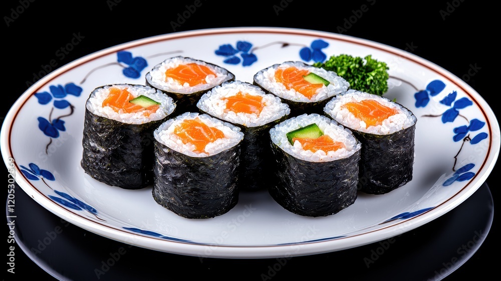 Fresh Sushi Rolls with Salmon and Cucumber on Decorative Plate Fresh Sushi Rolls with Salmon and Cucumber on Decorative Plate