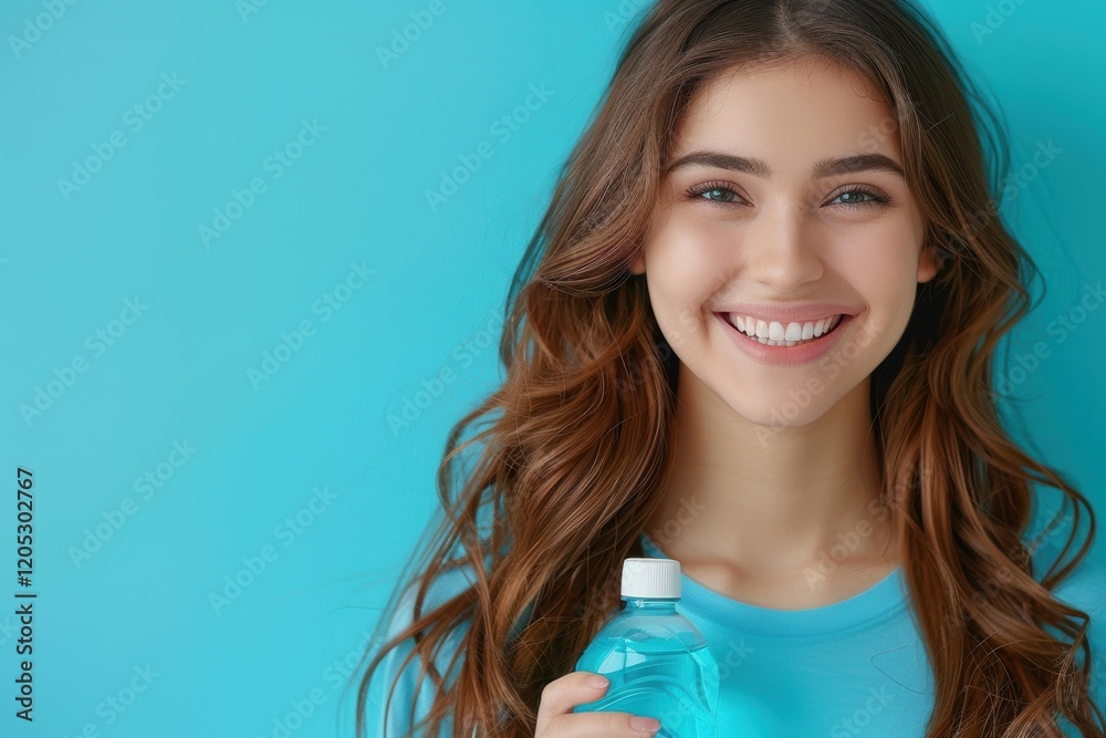 Woman with long brown hair is smiling and holding a bottle of blue liquid Woman with long brown hair is smiling and holding a bottle of blue liquid