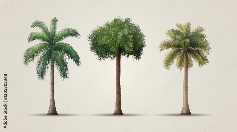 Obraz premium Three stylized palm trees with varying shapes and colors on a neutral background.