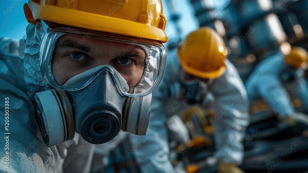 A close-up view of industrial workers wearing safety equipment and gas masks, reflecting the importance of safety protocols and teamwork in challenging work environments. A close-up view of industrial workers wearing safety equipment and gas masks, reflecting the importance of safety protocols and teamwork in challenging work environments.