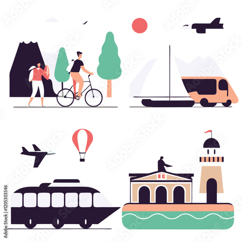 Stylish Black & White Travel Icons: Vacation Adventures Await! map car bus ship sign trip beach hotel