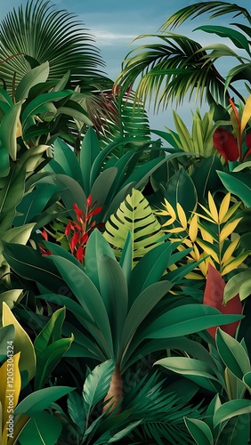 Tropical wallpaper, Tropic trees and leaves, wallpaper design for digital printing- 3d illustration