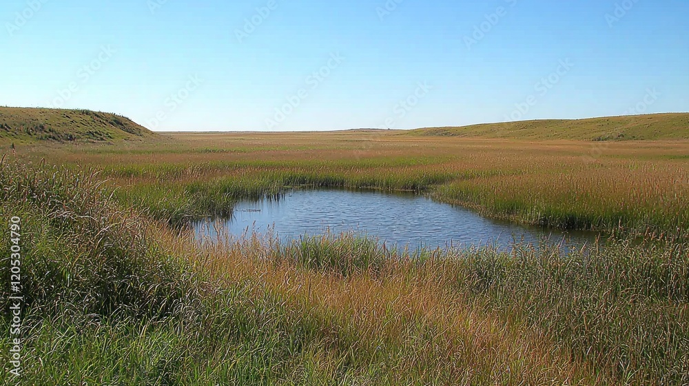 Prairie wetland pond, autumn grasses, clear sky, travel brochure Prairie wetland pond, autumn grasses, clear sky, travel brochure