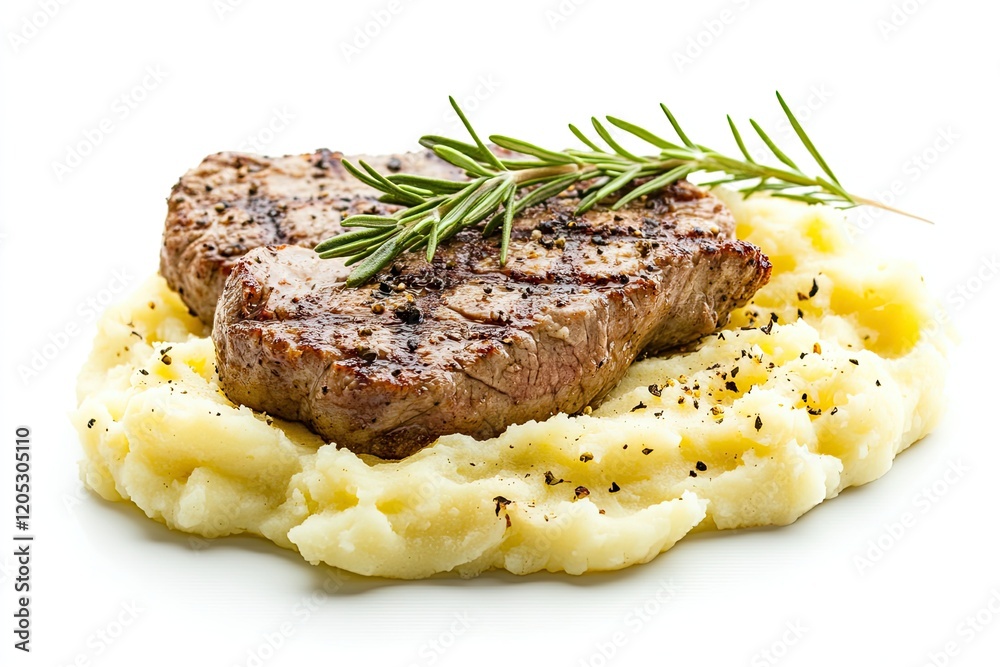 Mashed potato with steak isolated on white background