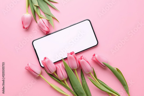 Mobile phone and spring flower pink tulips on the pink background. Theme of love, mother's day, women's day flat lay. High quality photo