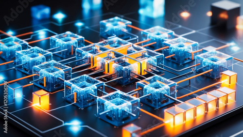 Interconnected transparent cubes in an abstract technology composition